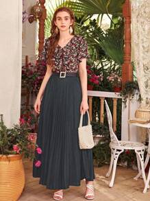 Mulvari Chân váy Maxi xếp ly túi trơn màu cho nữ, thanh lịch - Màu xám đen - Xem 4
