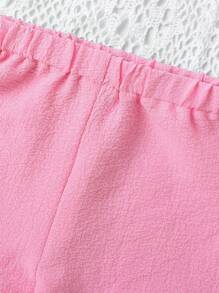 Conjunto de roupa de verão simples para bebê menina, estampa floral, gola quadrada, manga bufante, top e shorts com babados - Rosa - Ver 6