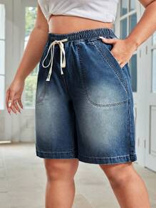 SHEIN SXY Plus Size Casual Denim Shorts, Fashionable Suitable For Summer - Dark Wash - View 5
