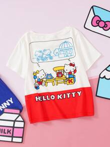 HELLO KITTY AND FRIENDS | SHEIN 年轻女孩卡通骑自行车印花红色 T 恤，俏皮可爱
