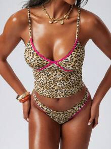 Swim EVENT 2pcs/Set Women Vintage Style Spaghetti Strap Leopard Print Red Frill Trim Crop Top And Tankini Swimwear Set For Summer Beach Vacation - Multicolor - View 5