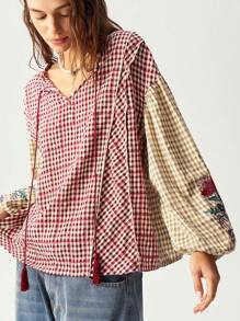 Bohemela 休闲格子 V 领拼接长袖宽松女式衬衫 - 彩色 - 查看 3