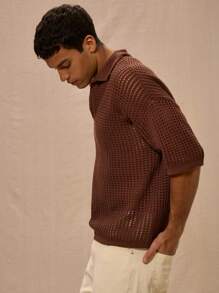 Musero Collared V-Neck Open Crochet Short Sleeved Polo Top - Chocolate Brown - View 2