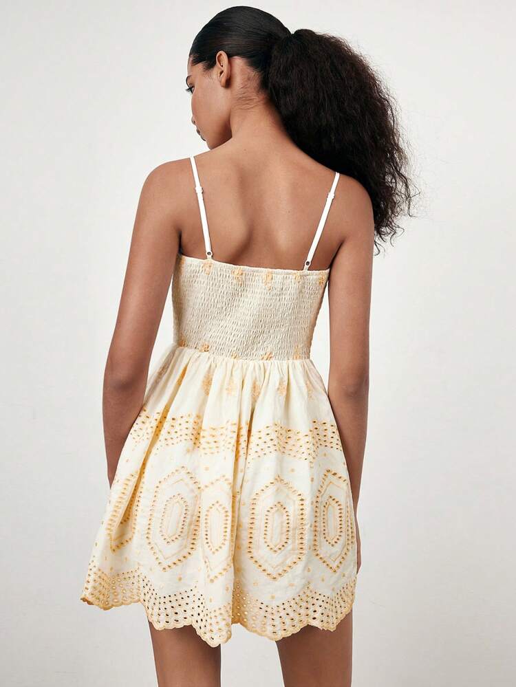 SHEIN Maija Beige Embroidered Camisole A-Line Boho Style Casual Mini Dress For Women, Comfortable & Soft