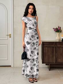 EastFlair Robe longue moulante sans manches pour femmes, épaule asymétrique, style minimaliste adapté pour l'été