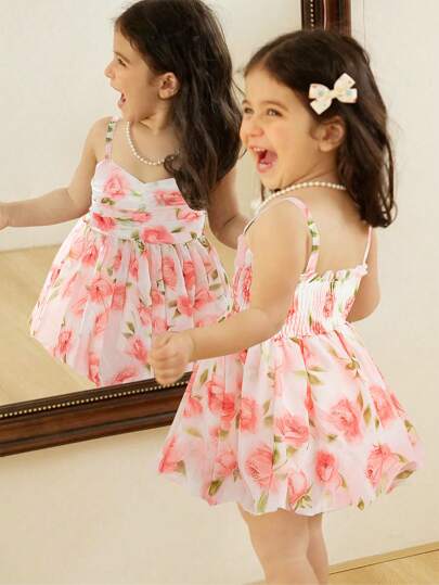 Elladie kids 新款女婴连衣裙，带花朵数码印花吊带连衣裙，收腰，伞形！舒适、时尚、优雅、甜美、可爱、公主风，是日常穿着的必备单品。