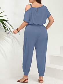 SHEIN LUNE Plus Size Solid Color Oblique Shoulder Short Sleeve Jumpsuit, Simple & Fashionable, Suitable For Summer - Blue - View 2