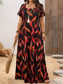 EMERY ROSE Plus Size Women Blue Printed Square Neck Long Dress - Red - View 1