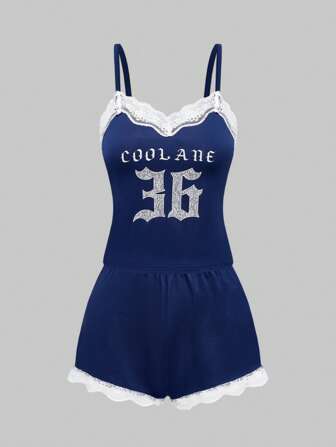 Goth Gothic Dark Lace Letter Print Camisole And Shorts Pajamas Set
