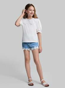 Ontre Tween 女童休闲彼得潘领荷叶边泡泡袖短袖 T 恤