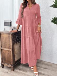 EMERY ROSE Plain Texture Flared Sleeves Ruffle Hem Cover Up Dress,Summer Dresses For Women - Pink - View 4