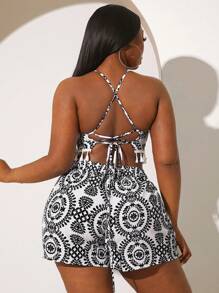 SHEIN SXY Plus Size Casual Allover Print Tassel Hem Halter Top And Shorts 2 Pieces Set - Black and White - View 2