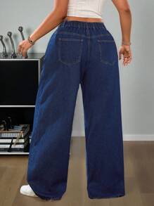 SHEIN ICON Plus Size Women Wide Leg Loose Strawberry Embroidery Jeans - Dark Wash - View 2