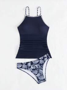 Swim Lushoire 2pcs/Set Summer Beach Outfit For Women: Sleeveless Floral Print Crew Neck Top + Low Waist Random Print Pants, Elegant Camisole & Bikini Set