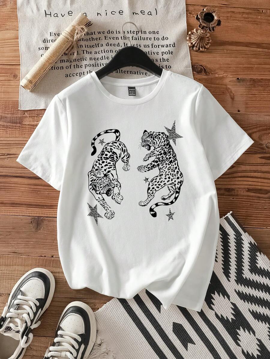 SHEIN EZwear 大码休闲简约图案圆领短袖 T 恤,大码,适合夏季 - 白色 - 查看 1