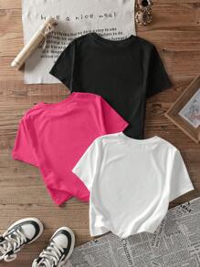 SHEIN EZwear 3 件套休闲简约米兰文字印花圆领紧身短袖短款 T 恤女款夏季 - 彩色 - 查看 2