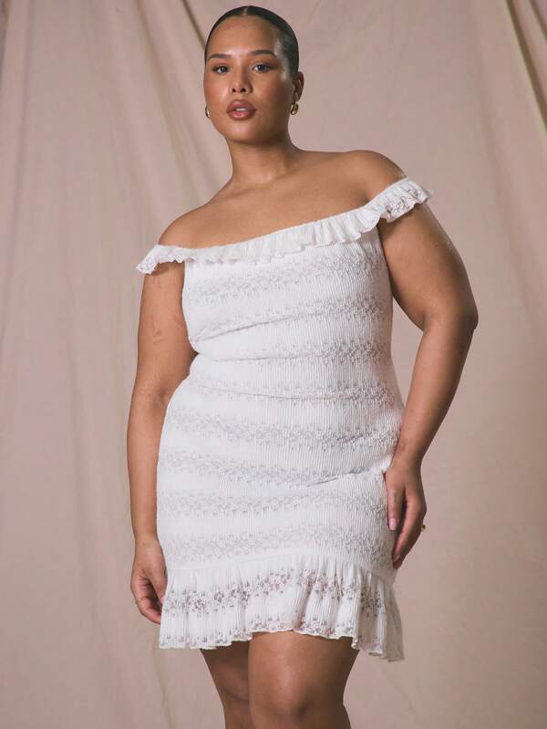 MUSERA Vestido mini ajustado con volantes y encaje para talla grande, hombros descubiertos, para ocasiones, vacaciones, elegante, fluido, versátil para otoño e invierno