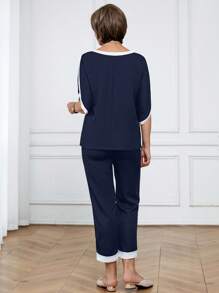 Miaspire 2pcs Women Casual Set: Ribbed Hem Round Neck Short Sleeve Top And Pants