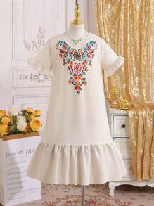 Robe de plage d'été vintage à imprimé floral pour filles - Blanc - Voir 1