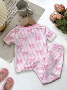 SHEIN Leap Crew Baby Girl Striped Bow Print Casual Minimalist Snug-Fit Round Neck Short Sleeve Pants Pajama Set, Suitable For Summer - Multicolor - View 3