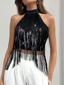 Firerie Women's Elegant Party Sexy Tassel Top - Black - View 3