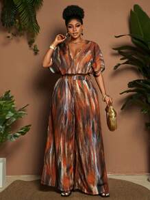 Maweii 大码女式两件套休闲度假印花套装，短袖上衣和长裤