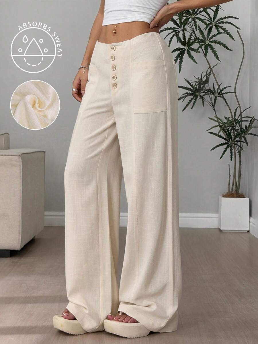 SHEIN MOOSTA Quần ống rộng lưng thấp cài nút đơn giản cho nữ - Màu vàng - Xem 1