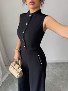 Elenzga Solid Coloured Stand Collar Button Decor Sleeveless Elegant Women Jumpsuit - Black - View 3
