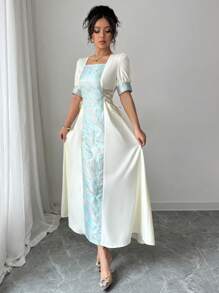 Elenzga Elegante vestito lungo da donna con scollo quadrato, coulisse e tessuto jacquard