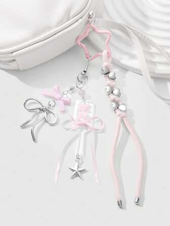 Kawaii 1 pièce Élégant et mignon Chaîne argentée de haute qualité pour filles. Nœud papillon acrylique creux, étoile CCB, porte-clés en forme de cœur DIY, convient pour les femmes, port quotidien, cadeau de vacances