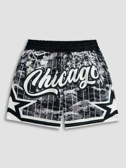 Anime Men's Woven Shorts With School Print, Suitable For Spring And Summer