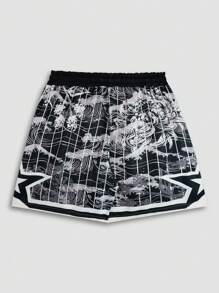 ROMWE MEN Anime Men's Woven Shorts With School Print, Suitable For Spring And Summer