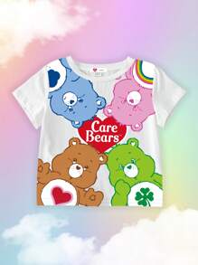 SHEIN X Care Bears Young Girl All-Over Print White Round Neck T-Shirt, Comfortable Casual Cute Bear Cartoon Design, Summer