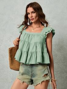 Poéselle Women's Solid Color Square Collar Casual Shirt, Suitable For Summer - Mint Green - View 4