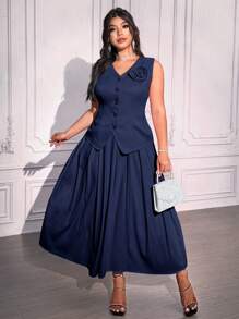 SHEIN Unity Plus Size Floral Decor Pleat-Front Vest & Skirt 2Pcs Set - Navy Blue - View 1