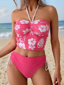 SHEIN Floral Print Halter Neck Tankini Swimwear Set - Multicolor - View 1