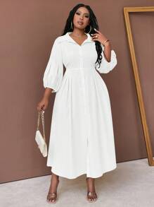 Maweii 加大码纯色衬衫领前纽扣中长袖褶皱休闲中长连衣裙长款女装