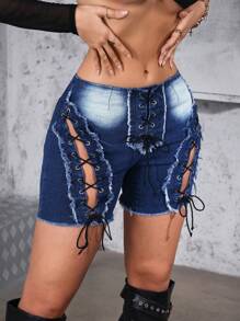 SHEIN ICON Short de jean ajustado sexy con bordes deshilachados y cordones para mujer