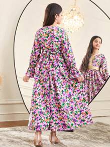 SHEIN Tween Girl Floral Print Gold Ribbon Trim Ruffle Long Sleeve Dress - Purple - View 2