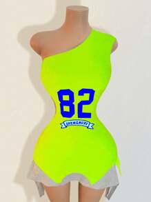 BamGleam Damen Asymmetrischer Ausschnitt Figurbetontes Kleid mit asymmetrischem Saum, modisches bedrucktes Kleid, Strandoutfit