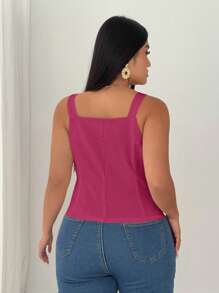 Elenzga Top de tirantes de talla grande para mujer con cintura ceñida y unicolor - Rosa Fucsia - Ver 2