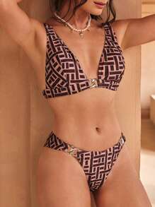 SHEIN Swim 2 món/bộ thời trang mới màu nâu gợi cảm bó sát thanh lịch dự tiệc, lễ hội âm nhạc, bộ đồ bơi bikini đi biển cho nữ, mùa hè - Cà phê nâu - Xem 6