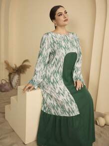 Graceveil Plus Size Women's Unique Design Patchwork Random Pattern Print Arabic Style Long Dress - Dark Green - View 5