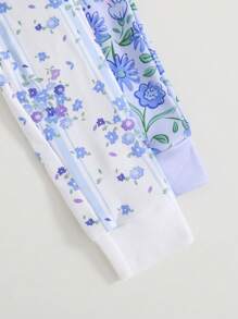 2 件装少女简约花卉印花白色和蓝色拉链连体衣睡衣套装，柔软舒适，适合居家和睡衣 - 淺藍色 - 查看 8