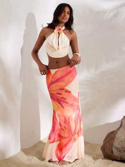 Opulessa Stickad kjol med sjöjungfrumotiv och tryck i mesh för kvinnor