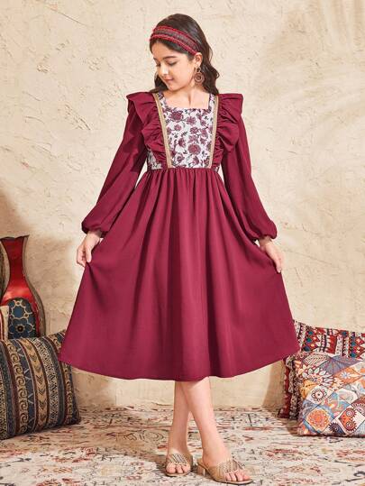 Tween Girls' Floral Print & Solid Color Ruffle Trim Square Neck Lantern Sleeve Waist Cinched Elegant Dress, Pastoral, Holiday, Boho Style