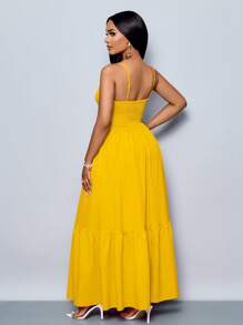 SOLERSUN 女士浪漫橙色海滩度假 V 领褶皱露背 A 字形吊带长裙，适合春夏夏威夷