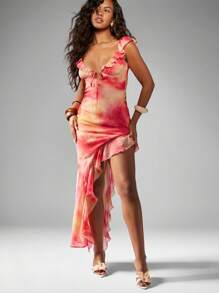 MISSGUIDED Abito da sera lungo in chiffon con sfumatura arancione del tramonto, con dettagli arricciate, orlo asimmetrico, adatto per spiaggia, resort, damigella, occasioni speciali, lunghezza fino a terra