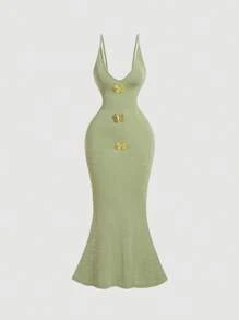 SHEIN MOD 黑色鱼尾长款优雅连衣裙，前 V 领蝴蝶结，浪漫度假，海滩度假装，派对礼服，舞会礼服，茶会礼服，热带度假女装，夏装