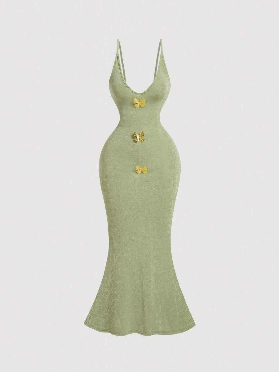 SHEIN MOD 黑色鱼尾长款优雅连衣裙，前 V 领蝴蝶结，浪漫度假，海滩度假装，派对礼服，舞会礼服，茶会礼服，热带度假女装，夏装